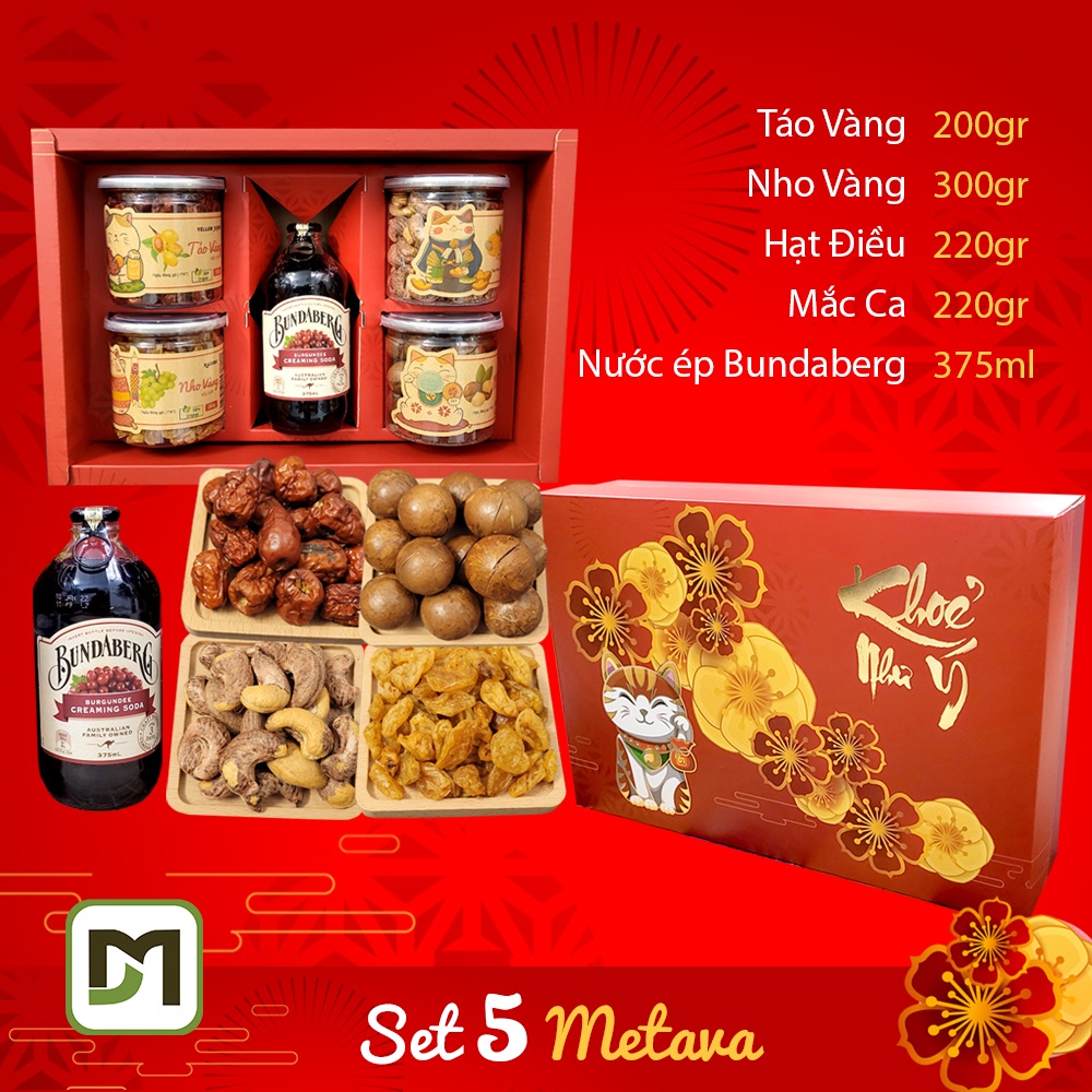 Hộp quà Tết Quý Mão - Set 5 hạt dinh dưỡng Metava nước ép, táo vàng, nho vàng, hạt điều, mắc ca