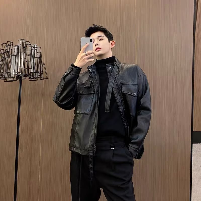 Áo Khoác Da Dáng Ôm Màu Đen Phong Cách Hàn Quốc Thời Trang Mùa Thu 2022 Cho Nam Size m-3xl