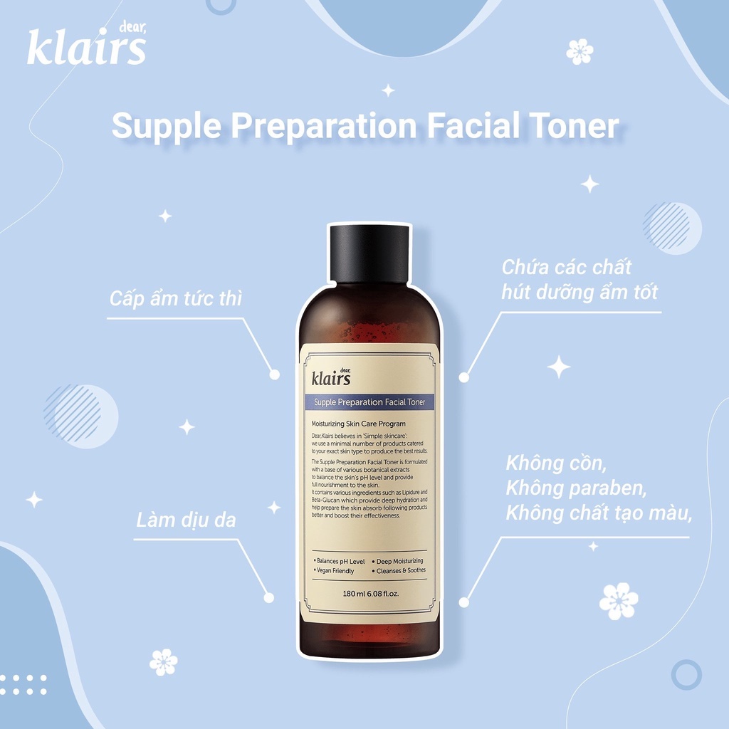 Nước hoa hồng Dear, Klairs Supple Preparation Unscented Toner dưỡng ẩm và làm dịu da 180ml