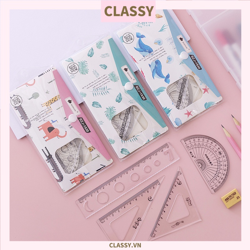Bộ thước kẻ 4 món Classy, đo độ, eke, đồ dùng học tập tiện lợi phiên bản hoạt hình đáng yêu PK1315