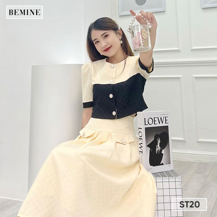 Set áo cổ tròn chân váy túi hộp BEMINE ST20