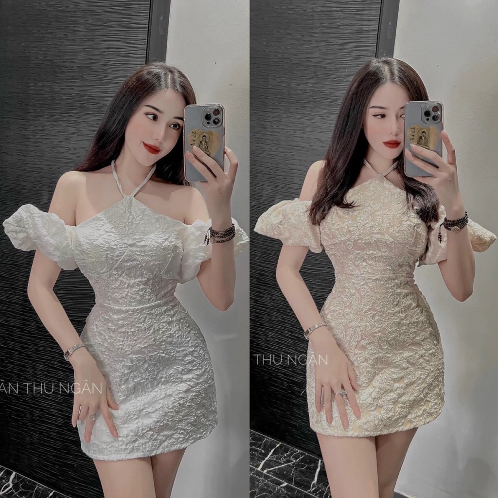 Đầm Váy Nữ Ôm Body Cổ Yếm Trễ Vai Chất Liệu Gấm ( Có Mút Ngực, Có Lót Quần ) Thiết Kế Sang Chảnh Đi Làm Công Sở, Du Lịch