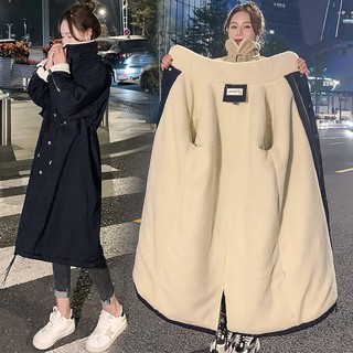 Okiedokie Áo Khoác Lót Lông Cừu Cotton Dáng Rộng Dài Qua Gối Dày Dặn Thời Trang Mùa Đông Hàn Quốc Cho Nữ