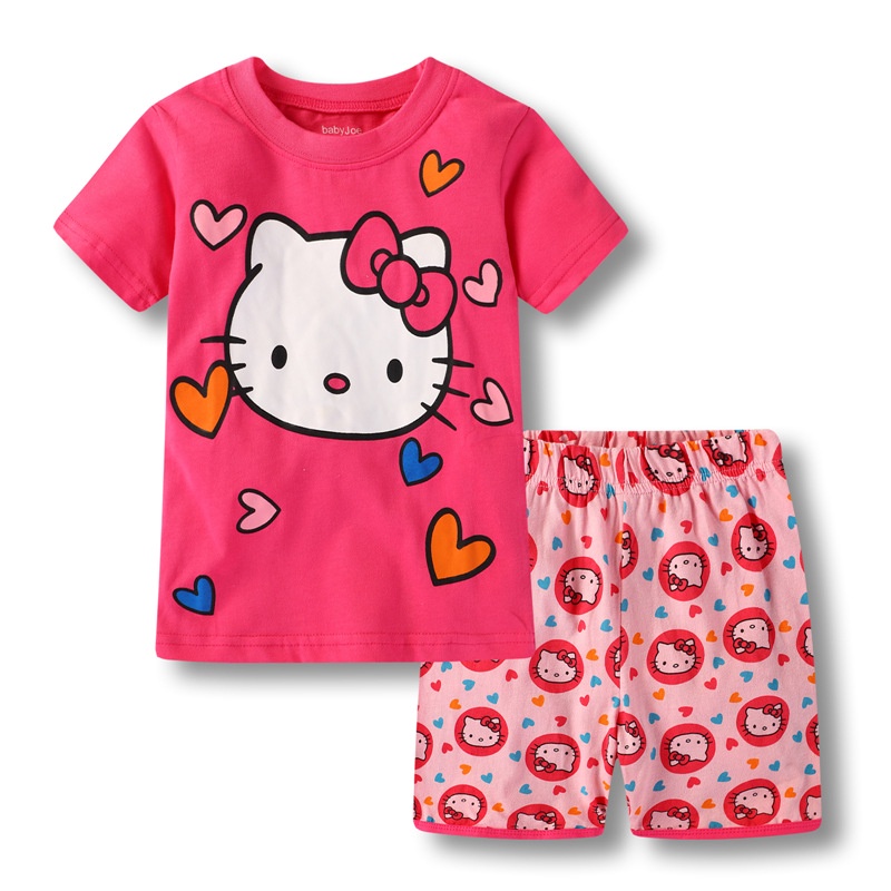 Bộ Đồ Ngủ Tay Ngắn In Hình Hello Kitty Dễ Thương Dành Cho Bé Gái