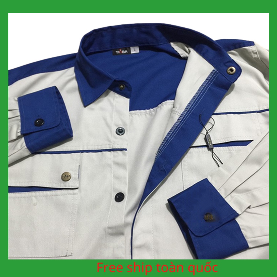 Quần áo bảo hộ lao động nam cao cấp Tinba 01 vải Pangrim hàn quốc màu ghi xám phối xanh coban