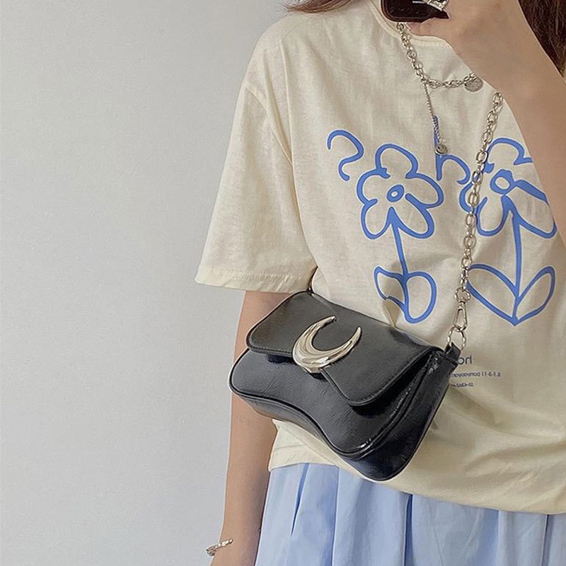 Túi Đeo Vai Màu Đen Có Khóa Hình Mặt Trăng Thời Trang Cao Cấp Cho Nữ