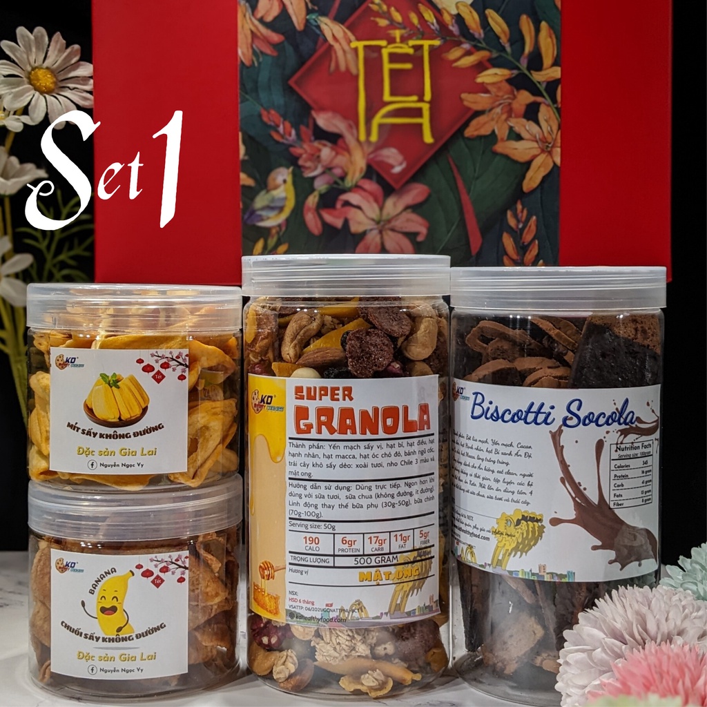 Set quà Tết 2023 KD Healthy Food - Combo: Mít sấy, Chuối sấy, Granola, Bánh biscotti ( tùy chọn 3 vị)