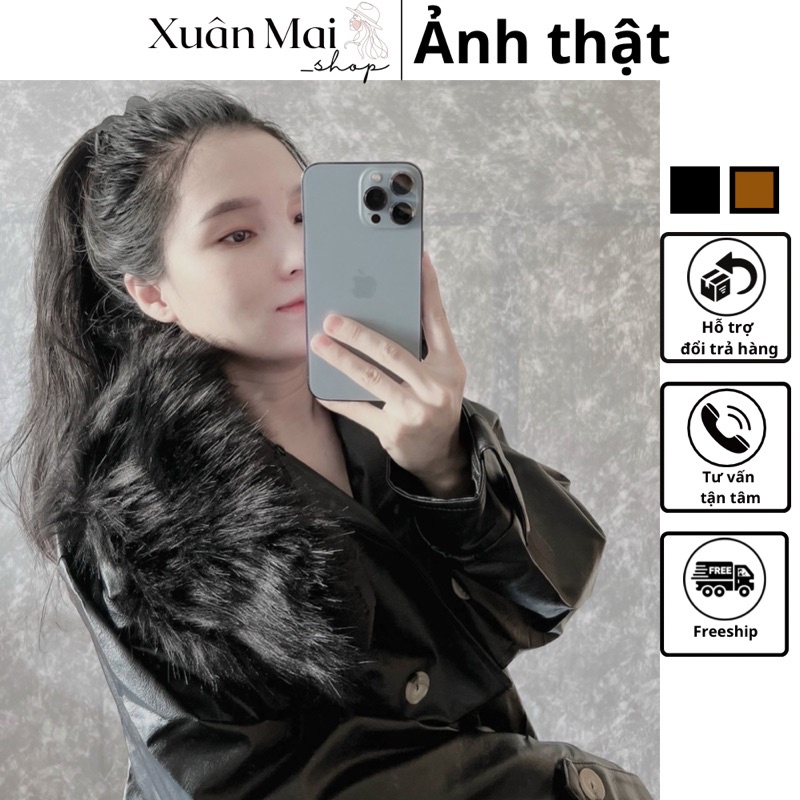 [FREESHIP]Áo khoác da mangto phối lông tháo rời được cao cấp tay dài sáu nút có đai tay đai eo hàng QCCC hình thật