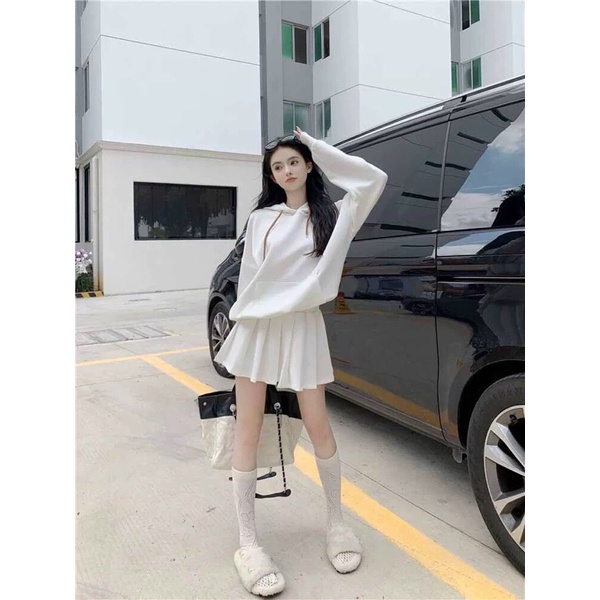 Set áo hoodie trơn + chân váy tennis trắng