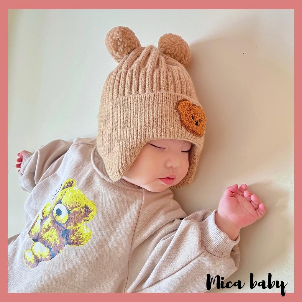 Mũ len bịt tai cục bông đính gấu dễ thương cho bé ML214 Mica baby