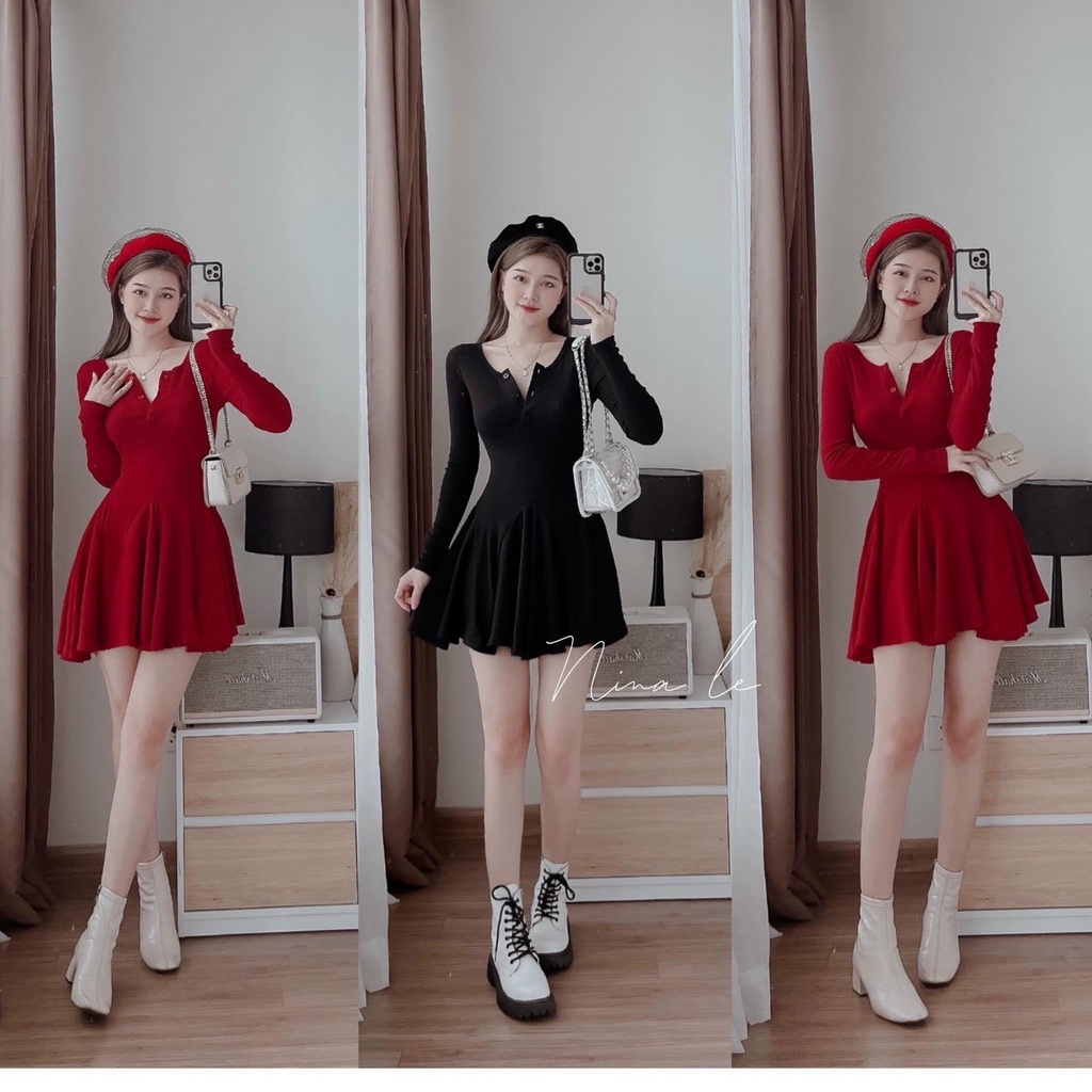 [11.11 Sale Freeship] Đầm thời trang nữ,đầm chất thun gân cổ vuông cài khuy tay dài ôm eo dáng ngắn xếp ly xiêu xinh dx