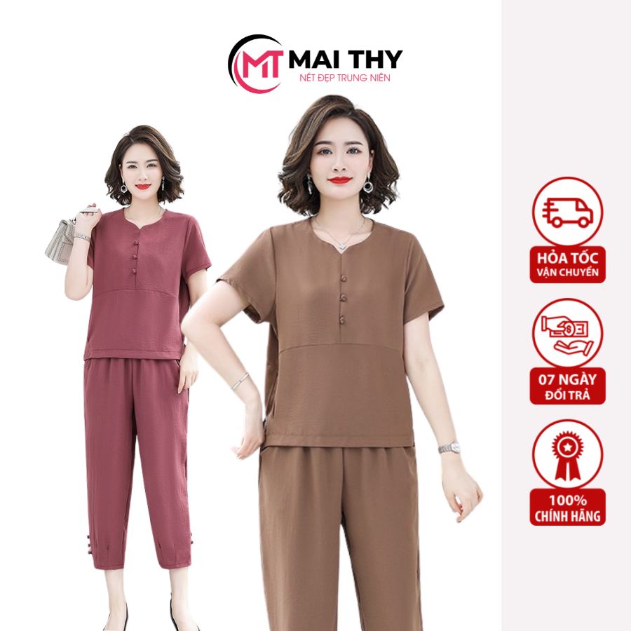 Đồ Bộ Trung Niên MAI THY S460, Set Đũi Mặc Nhà Tặng Mẹ Sang Trọng Mát Mẻ Phối Nút Cách Điệu | Thời Trang Trung Niên U40