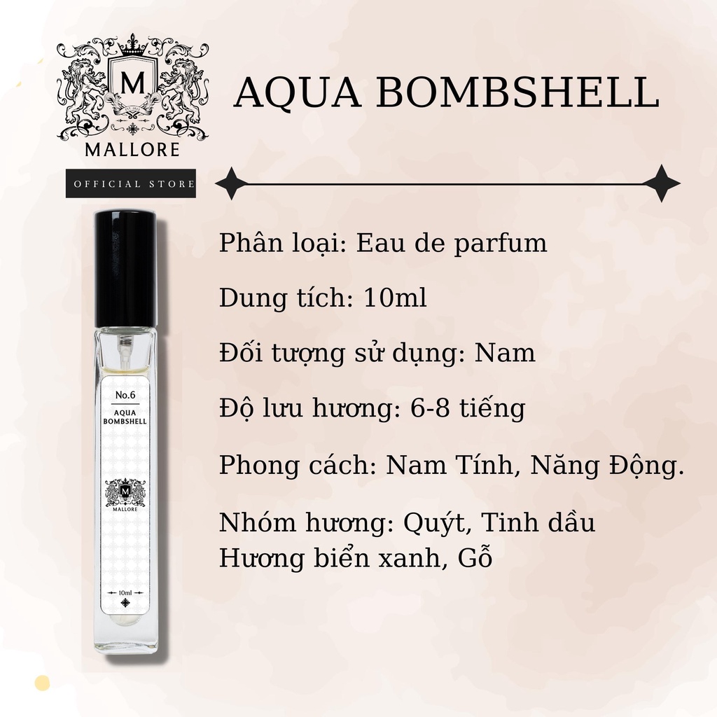 Nước hoa nam Mallore Aqua bombshell phong độ, mạnh mẽ. Nước hoa mini 3ml dạng xịt tiện lợi