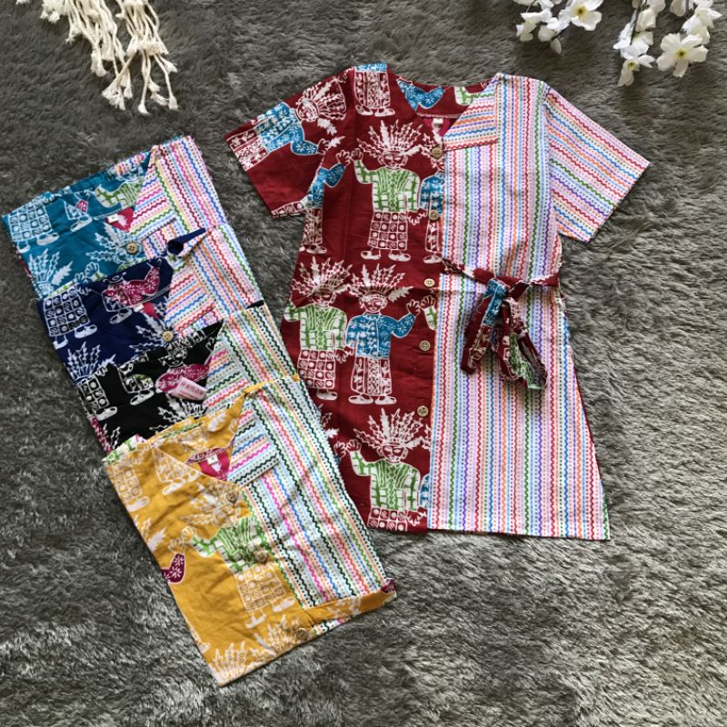 Trẻ Em Batik Dress Ondel Lurik Xanh Navy Tosca Vàng Đỏ Đen Bé Gái Batik Dress Cotton