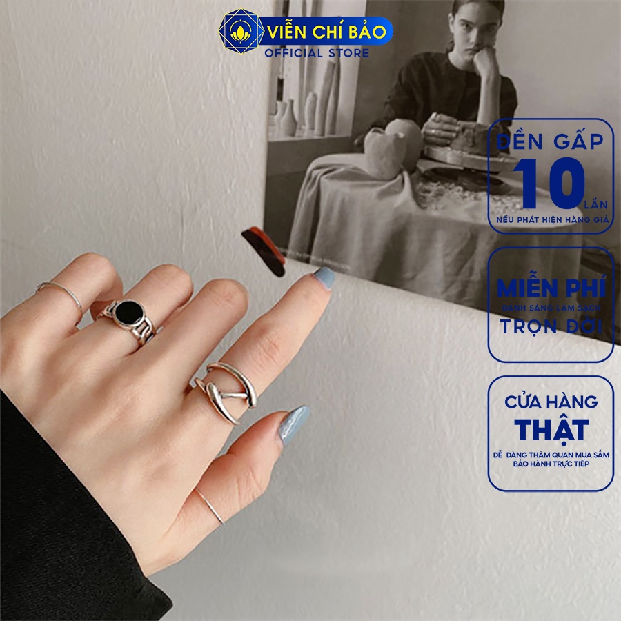 Nhẫn bạc nữ xích đá tròn đen to, xích đá chéo chất liệu bạc 925 thời trang phụ kiện trang sức Viễn Chí Bảo N000729