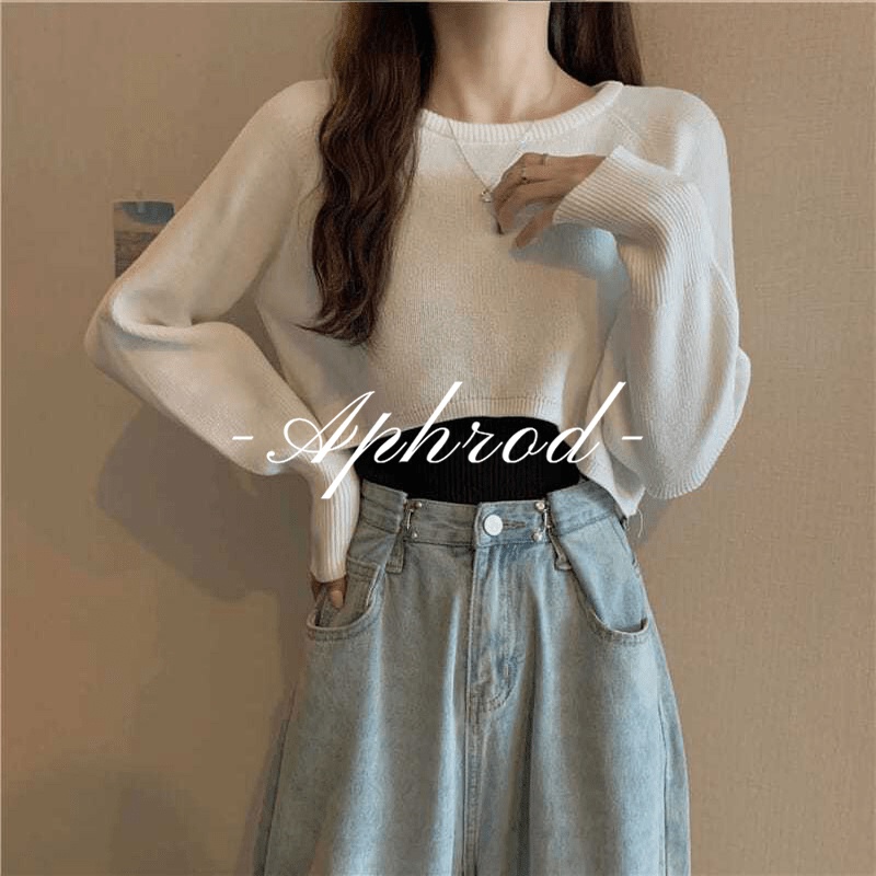 Aphrod Áo Sweater Dệt Kim Tay Dài Cổ Thuyền Dáng Rộng Đa Năng Màu Đen Cho Nữ
