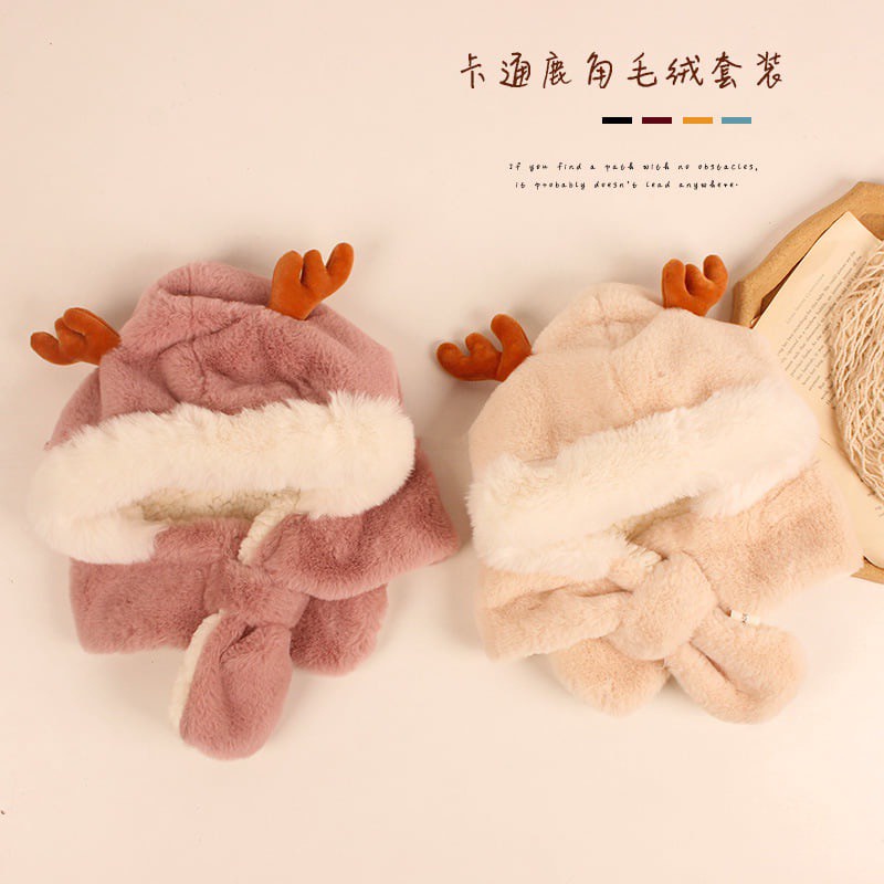 Mũ trẻ em mùa đông lót lông sừng hươu cute nón kèm khăn siêu ấm tai gấu thỏ cho bé DUYÊN CƯỜNG288