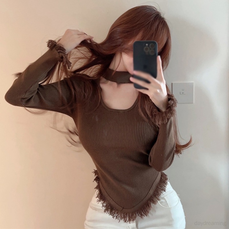 Áo Sweater Dệt Kim Phối Tua Rua Phong Cách Hàn Quốc Cho Nữ
