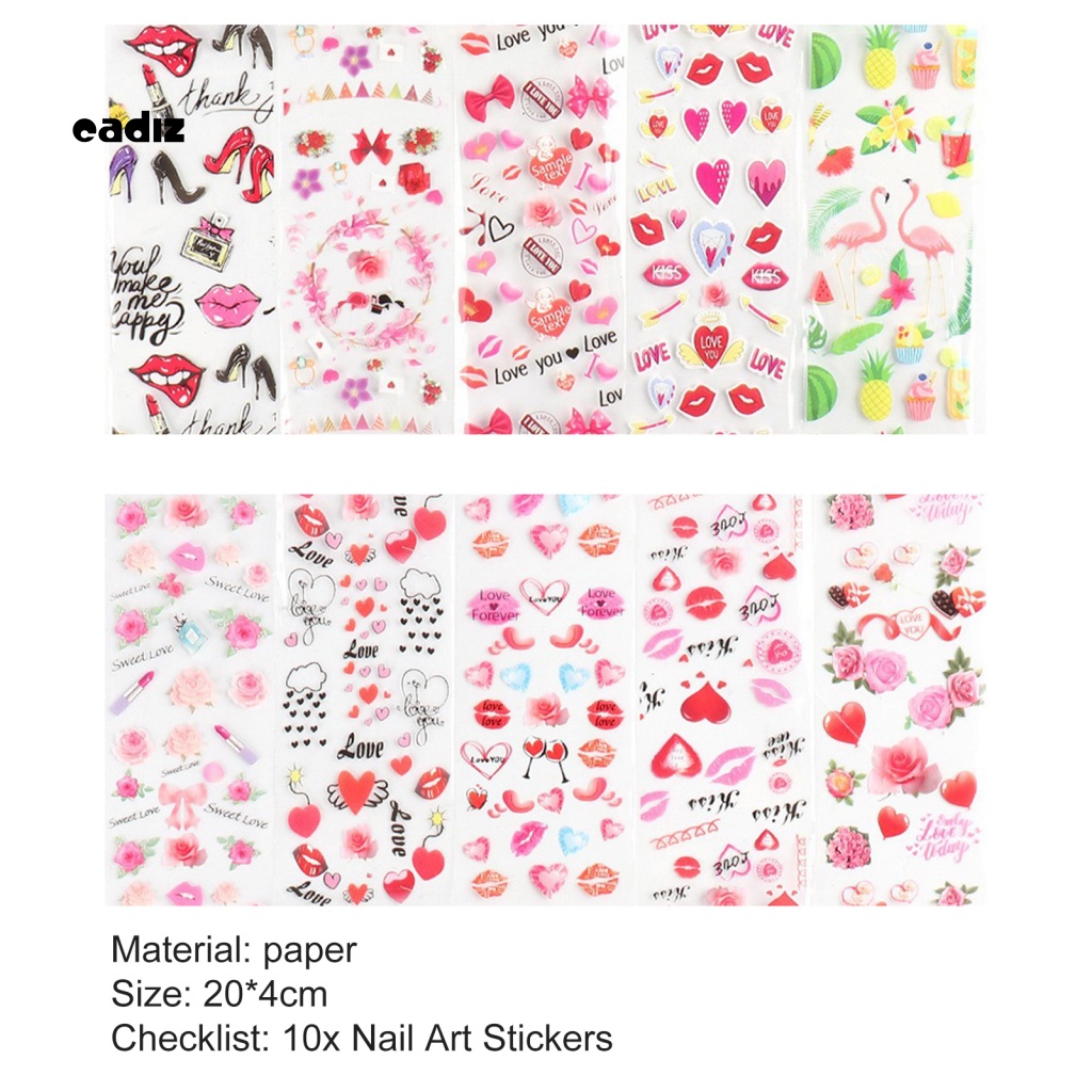 Bộ 10 Miếng Dán Trang Trí Móng Tay Hình Hoa Hồng Chống Rơi