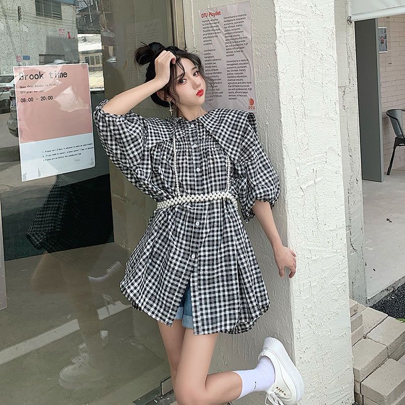 Áo Kiểu Tay Phồng Cổ Cao Họa Tiết Kẻ Sọc Thời Trang Mùa Hè 2021 Phong Cách Pháp Cho Nữ