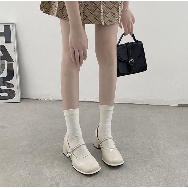Giày búp bê có quai đính hạt Mary Jane mũi vuông đế cao 5cm thanh lịch Yannie Lolita
