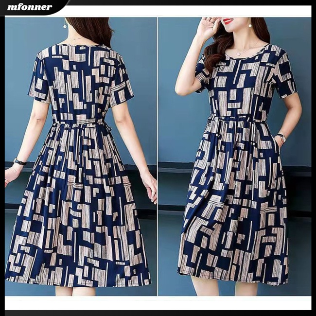 Đầm Midi Tay Ngắn Cổ Tròn Dáng Rộng In Họa Tiết Độc Đáo Thời Trang Mùa Hè Xinh Xắn Cho Nữ