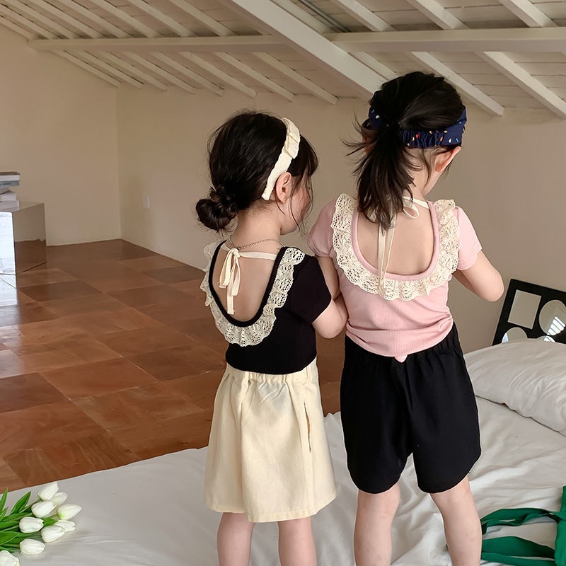 Áo Thun Tay Ngắn Phối Ren Và Nơ Dễ Thương Phong Cách Hàn Quốc Cho Bé Gái