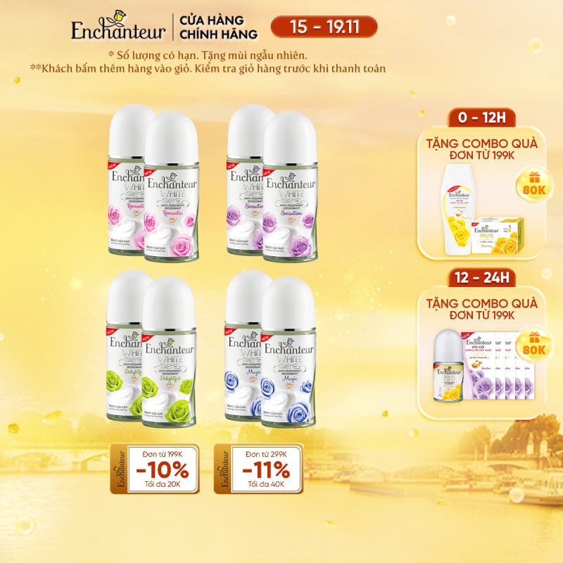 Combo 2 lăn khử mùi dưỡng trắng da Enchanteur hương Sensation/ Delightful/ Romantic/ Magic 50ml/ chai (4 mùi)