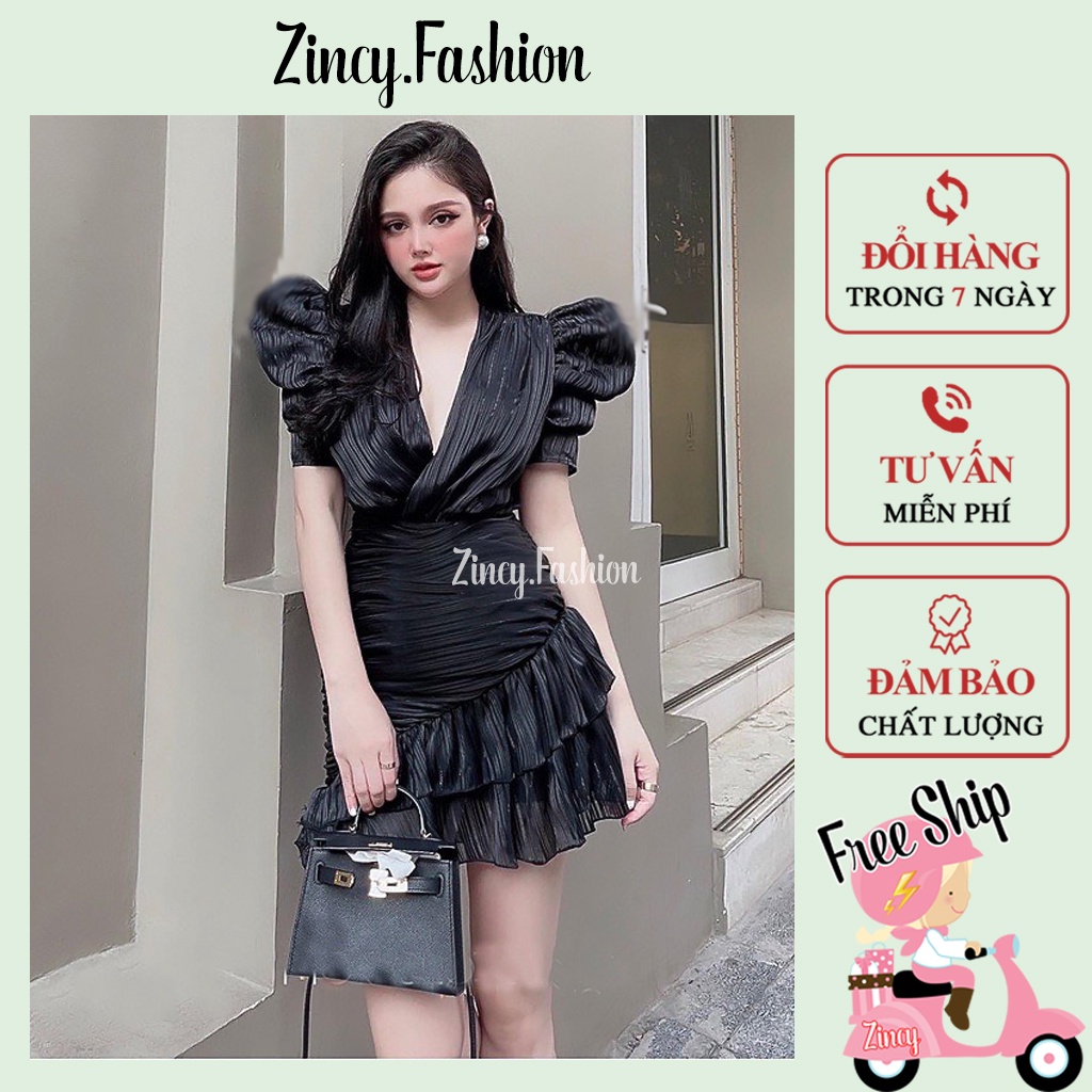 Đầm cổ tim dáng ngắn chất tơ óng Váy đi tiệc đi chơi thiết kế tà xéo xếp ly Zincy DCTO001