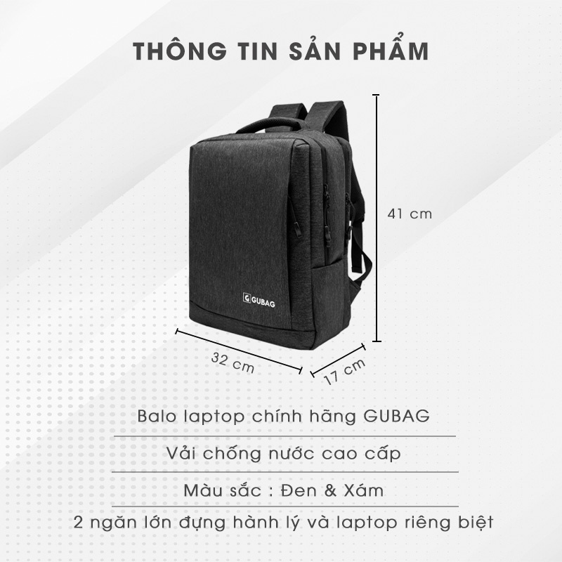 Balo 2 ngăn laptop chính hãng GUBAG, dành cho người đi làm, công sở, đựng vừa 15,6 inch