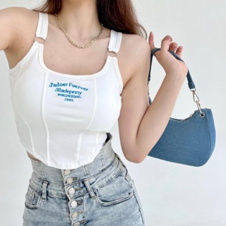 Image of Women's Sexy Sleeveless Embroidered Suspender Super Short Vest Bottoming Shirt