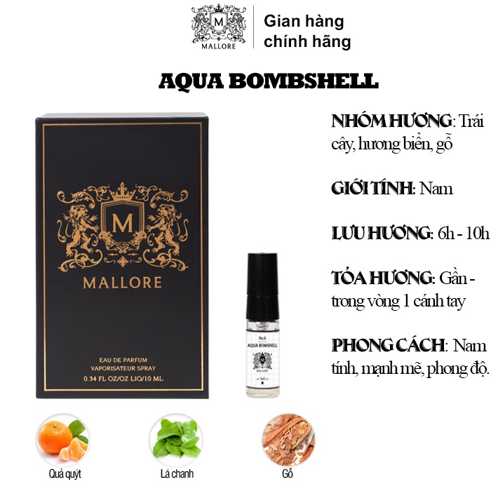 Nước hoa nam Mallore Aqua bombshell phong độ, mạnh mẽ. Nước hoa mini 3ml dạng xịt tiện lợi