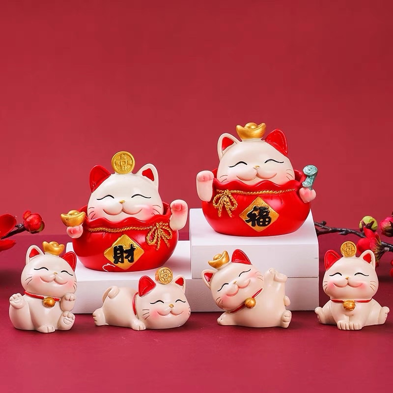 Set 4 mèo thần tài may mắn để bàn trang trí ô tô dùng làm quà tặng, bày bàn làm việc, góc học tập