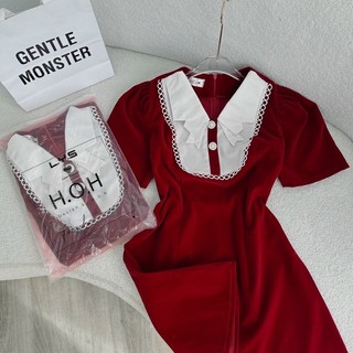 Đầm nhung đỏ ren tròn - Chitchitstore