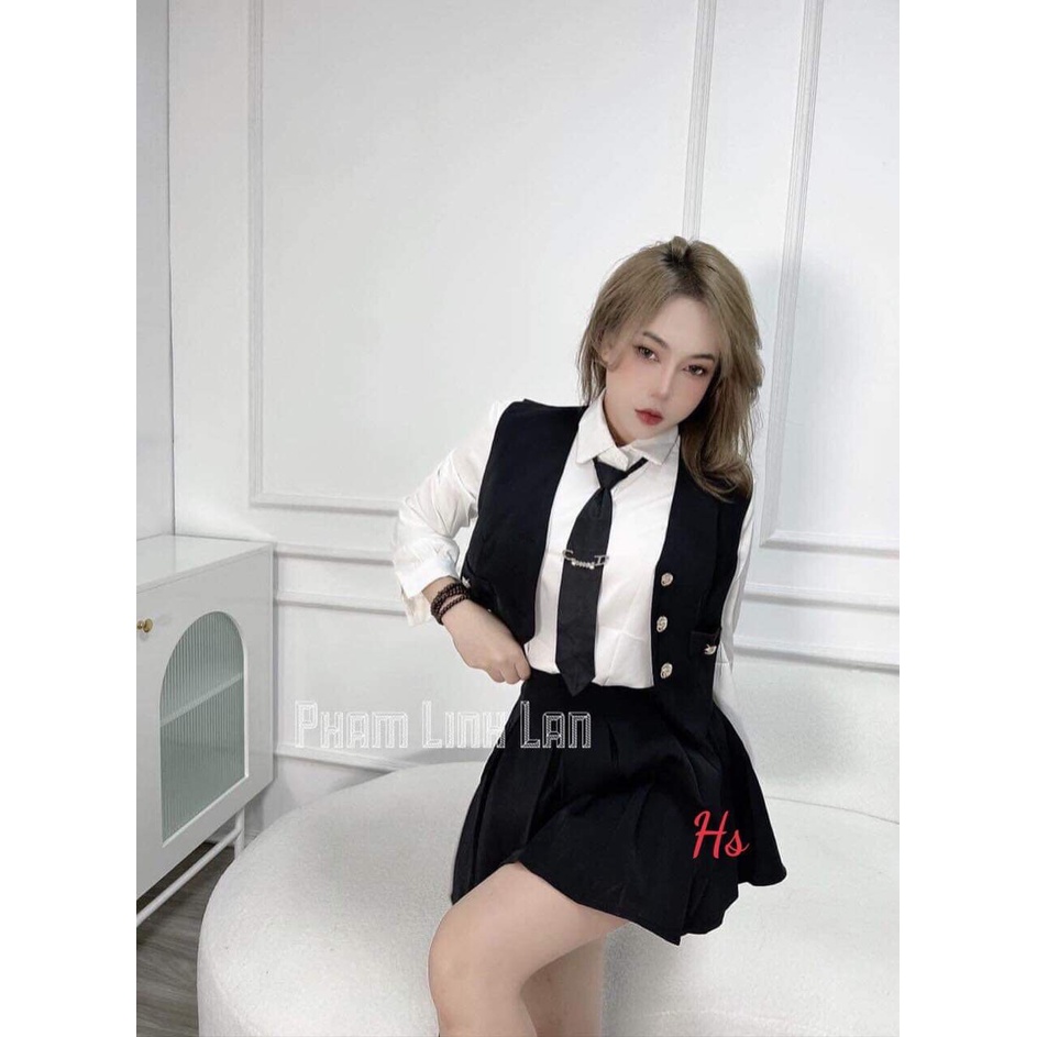 Set váy 4 món gồm sơ mi, chân váy áo gile và cà vạt siêu hot hit