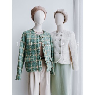 Áo khoác dạ tweed xanh lá kẻ vàng cổ tàu viền tua rua