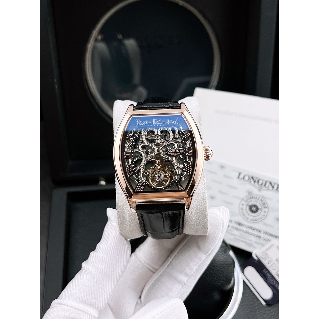 Đồng hồ nam Longines VR 40x38mm máy cơ Nhật cao cấp, lộ cơ, hiển thị ngày đêm, dây da cá sấu