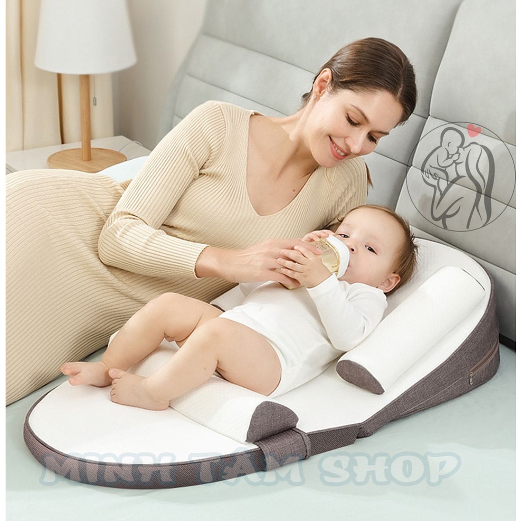 Gối-Nệm Chống Trào Ngược cao cấp gấp gọn cho bé cotton nguyên chất có 3 thanh chặn chống lật cho bé
