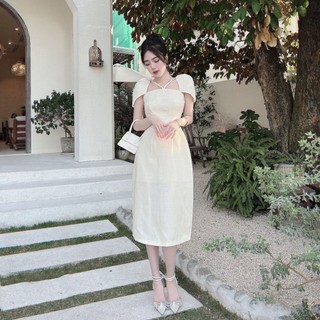 Váy dạ tweed dáng dài tay bồng hàng quảng châu v3008 - tiệm váy xinh quảng châu