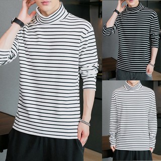 1pcs M-2XL Men Winter Tights Warm Turtleneck Striped T-shirt Blouse Pullover Top