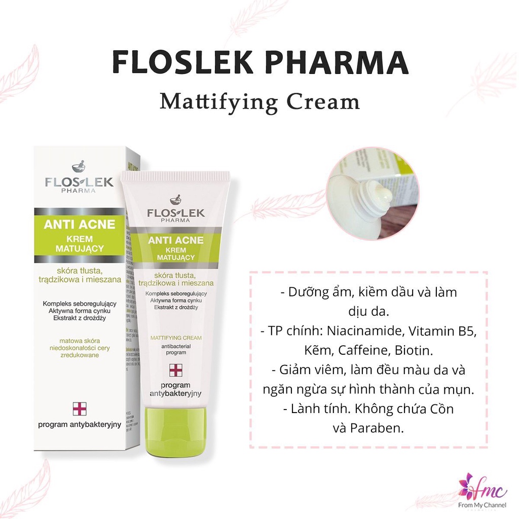 [FLOSLEK] Kem Floslek Kiềm Dầu Và Dưỡng Ẩm Floslek Anti Acne Mattifying Cream 50 ml