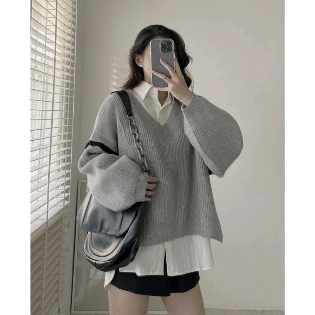 Áo Len Nữ Dáng Rộng Xẻ Tà Cổ V Tay Phối Viền Chất Mịn Dày Hàng Quảng Châu - Hanju
