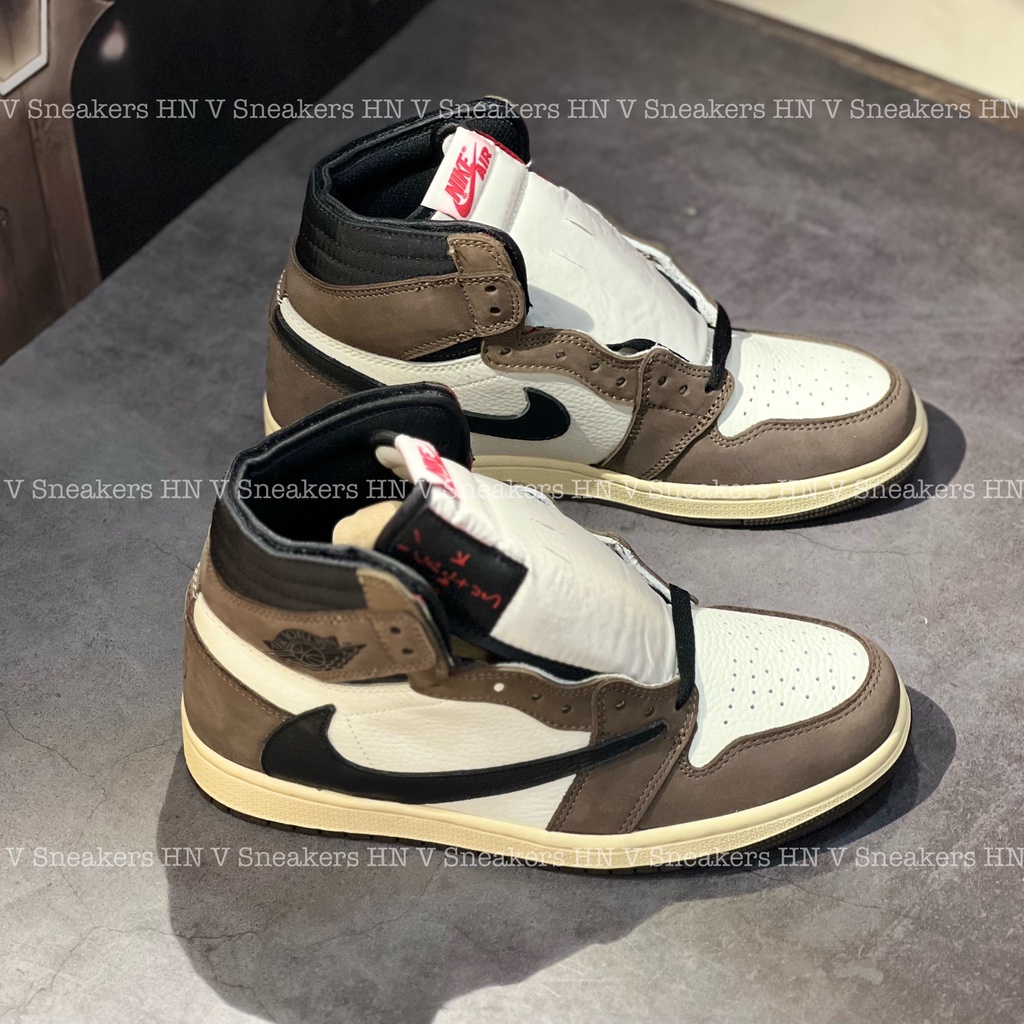 Giày Sneaker Air Jordan 1 High Travis Scott - Phiên bản Xịn Màu Mocha Xanh Rêu Da Bò