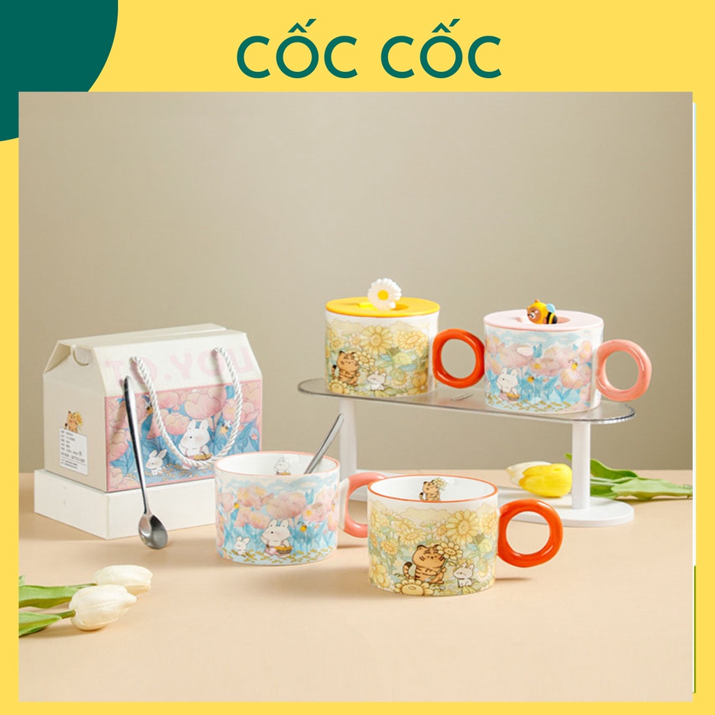 Cốc ly sứ phong cách hoạt hình Cốc Cốc Healing Series dung tích 450ml kèm túi, thìa dễ thương dùng hàng ngày, quà tặng