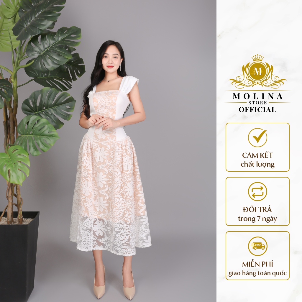Đầm Ren Hai Dây Dáng Xòe Dài Có Lót Trong Thiết Kế Molina Đứng Form Thanh Lịch Nữ Tính, Phù Hợp Dạo Phố Đi Tiệc
