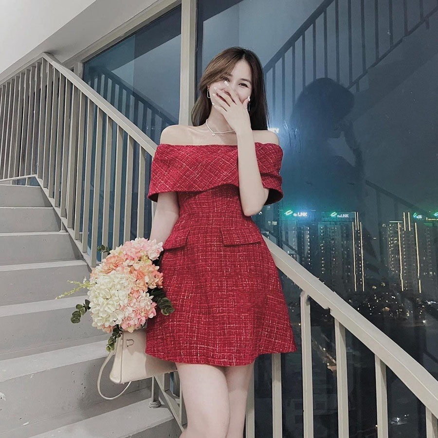 Đầm Thiết Kế Trễ Vai Chiết Eo Chất Vải Dạ Tweed V3034 - Lolla Fashion