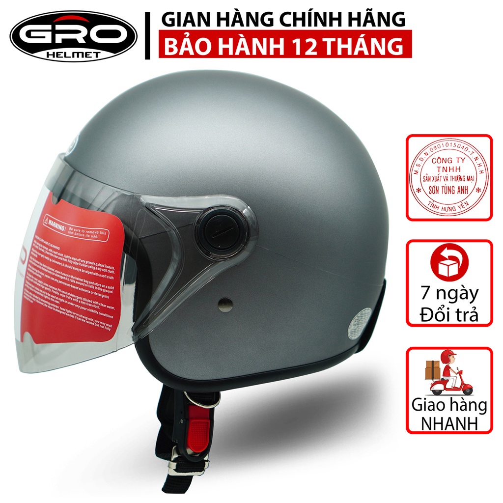 Mũ Bảo Hiểm 3/4 đầu GRO Helmet T818 có kính dài che cả mặt, kiểu dáng thời trang cho nữ, khóa kim loại - Xám Nhám