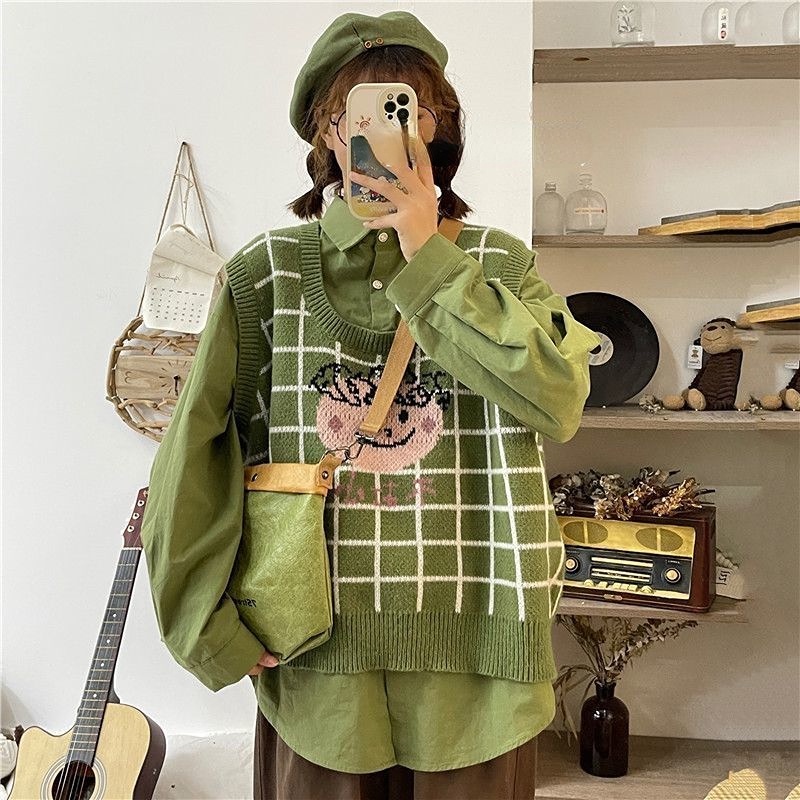 Set Áo Sơ Mi Đa Năng + Áo Khoác Jacquard Không Tay Ngọt Ngào