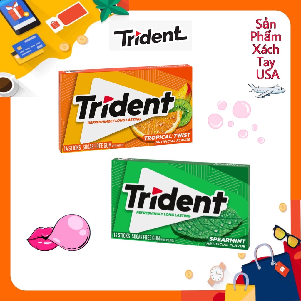 Kẹo cao su 5 hộp (70 Sticks) Trident vị Tropical Twist & Spearmint không đường
