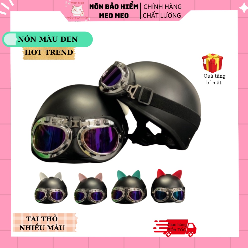 Mũ bảo Hiểm Nửa Đầu Cute, Nón Bảo Hiểm cute (màu Đen Nhám) kính Phi Công kèm Phụ Kiện Tai Thỏ cực cute